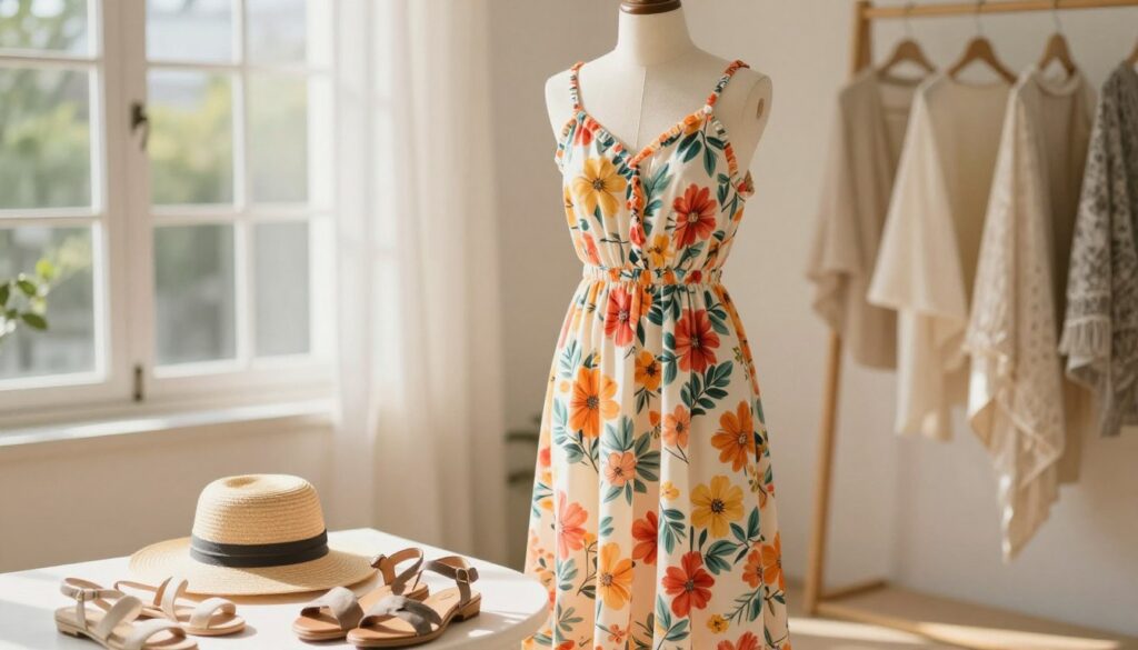 A beautiful summer dress elegantly displayed on a mannequin, showcasing its perfect fit and flowing fabric. The dress features bright floral patterns typical for warm days, with a lightweight, breathable material. In the foreground, a neatly arranged collection of accessories like sun hats, sandals, and lightweight shawls accentuate the theme of summer fashion. The background includes a soft, sunlit room with natural light gently illuminating the scene, creating a warm and inviting atmosphere. A stylish aesthetic is achieved through soft focus and a slightly angled viewpoint. The overall mood is cheerful and relaxed, ideal for a summer day outing.