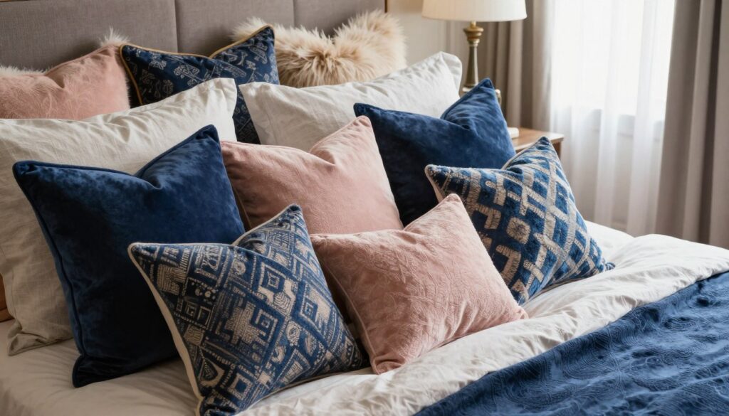 A beautifully arranged bed in a cozy, elegant bedroom, showcasing an array of decorative cushions. The foreground features a variety of pillows with rich textures and vibrant colors, including deep blues, soft pastels, and bold patterns. The middle layer displays the neatly made bed with a light, airy duvet, complemented by the cushions that have unique materials like velvet, linen, and faux fur. In the background, soft natural light filters in through sheer curtains, creating a warm, inviting atmosphere. Capture the scene from a slightly elevated angle to highlight the harmonious arrangement of colors and patterns, evoking a sense of sophisticated comfort and tranquility in the space. A beautifully arranged bed in a cozy, elegant bedroom, showcasing an array of decorative cushions. The foreground features a variety of pillows with rich textures and vibrant colors, including deep blues, soft pastels, and bold patterns. The middle layer displays the neatly made bed with a light, airy duvet, complemented by the cushions that have unique materials like velvet, linen, and faux fur. In the background, soft natural light filters in through sheer curtains, creating a warm, inviting atmosphere. Capture the scene from a slightly elevated angle to highlight the harmonious arrangement of colors and patterns, evoking a sense of sophisticated comfort and tranquility in the space.