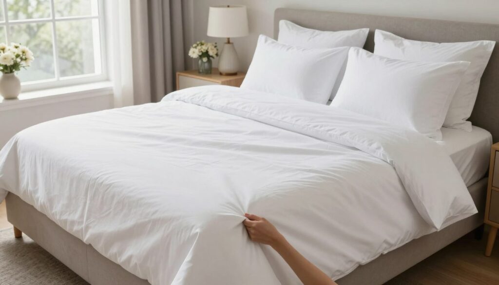 A beautifully arranged bedroom featuring a well-made bed at its center. The bed is elegantly made with smooth, crisp white sheets, fluffy pillows stacked at the head, and a stylish blanket draped neatly across the foot. In the foreground, a pair of hands gently tucking in a corner of the bedspread, showcasing the step-by-step process of bed-making. The middle ground includes cozy bedside tables with decorative lamps and fresh flowers, enhancing the inviting atmosphere. In the background, soft natural light streams through a large window, illuminating the serene colors of the room's decor. The overall mood is tranquil and homey, making the space look like a page from an interior design catalog. The angle is slightly above eye-level, capturing the entire scene harmoniously. A beautifully arranged bedroom featuring a well-made bed at its center. The bed is elegantly made with smooth, crisp white sheets, fluffy pillows stacked at the head, and a stylish blanket draped neatly across the foot. In the foreground, a pair of hands gently tucking in a corner of the bedspread, showcasing the step-by-step process of bed-making. The middle ground includes cozy bedside tables with decorative lamps and fresh flowers, enhancing the inviting atmosphere. In the background, soft natural light streams through a large window, illuminating the serene colors of the room's decor. The overall mood is tranquil and homey, making the space look like a page from an interior design catalog. The angle is slightly above eye-level, capturing the entire scene harmoniously.