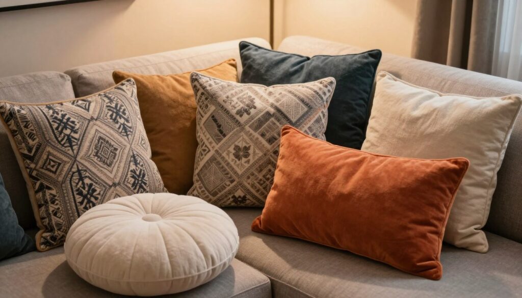 A beautifully arranged corner sofa adorned with various sizes and shapes of decorative cushions. In the foreground, showcase a round cushion with a soft texture alongside a large rectangular pillow in a vibrant color. In the middle, include a mix of medium-sized square cushions with intricate patterns and solid colors, carefully layered to create an inviting atmosphere. The background features a warm, cozy living room setting with soft lighting casting gentle shadows, highlighting the plushness of the cushions. Use a slightly elevated angle to capture the three-dimensional arrangement, providing depth to the scene. The overall mood is stylish and comfortable, emphasizing a harmonious blend of cushion designs that enhance the corner space.