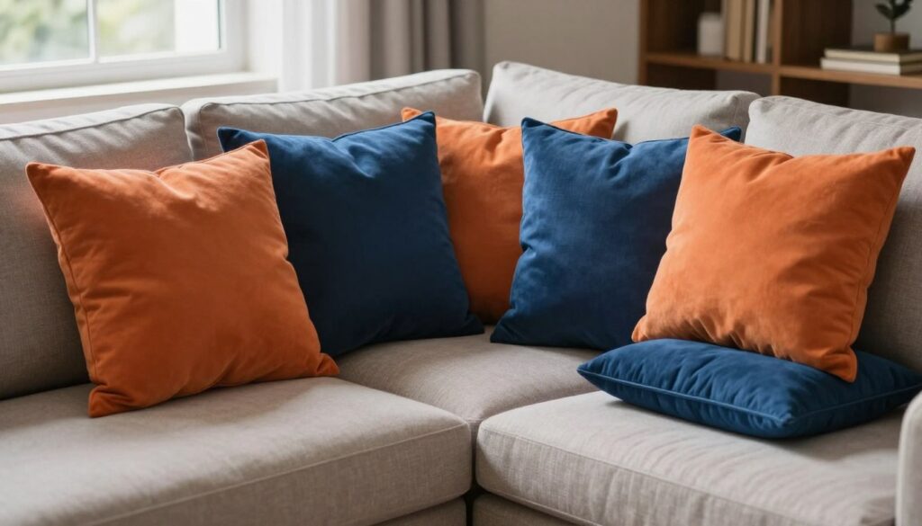A beautifully arranged corner sofa featuring a symmetrical layout of decorative cushions. The cushions are vibrant in colors—deep blues and warm oranges—carefully placed to showcase a balanced aesthetic. The foreground highlights an array of plush square and rectangular pillows stacked neatly, while the middle ground focuses on the elegant corner of the sofa, styled in soft, inviting fabric. The background softly blurs to reveal a cozy living room setting, with warm natural lighting filtering through a nearby window, creating a welcoming atmosphere. The overall mood is tranquil and stylish, accentuating a sense of comfort and sophistication in interior design.