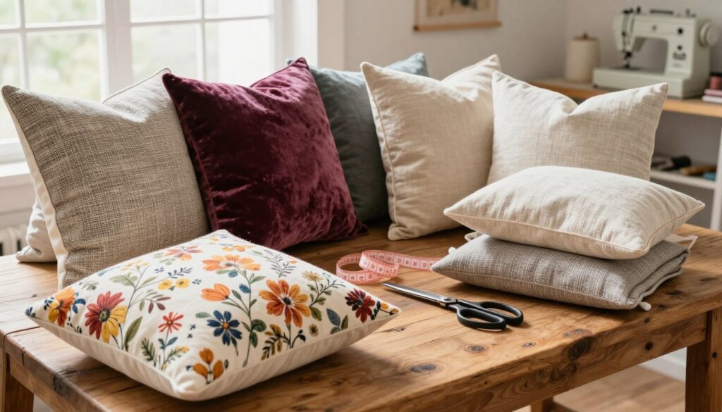 A beautifully arranged display of decorative pillow fabrics on a rustic wooden table, showcasing a variety of textures and patterns. In the foreground, vibrant cottons with floral prints, soft velvets in rich jewel tones, and classic linen in neutral shades. The middle ground features a pair of scissors and a measuring tape, hinting at the crafting process. In the background, soft natural light filters through a window, creating a warm and inviting atmosphere. A cozy sewing machine is subtly visible on a shelf, adding to the creative ambiance. The overall mood is artistic and inspiring, perfect for anyone seeking ideas on selecting materials for decorative pillows. A beautifully arranged display of decorative pillow fabrics on a rustic wooden table, showcasing a variety of textures and patterns. In the foreground, vibrant cottons with floral prints, soft velvets in rich jewel tones, and classic linen in neutral shades. The middle ground features a pair of scissors and a measuring tape, hinting at the crafting process. In the background, soft natural light filters through a window, creating a warm and inviting atmosphere. A cozy sewing machine is subtly visible on a shelf, adding to the creative ambiance. The overall mood is artistic and inspiring, perfect for anyone seeking ideas on selecting materials for decorative pillows.