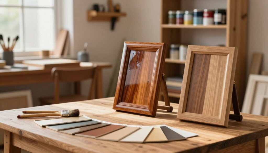 A beautifully arranged workspace showcasing a selection of wooden furniture finishes, including stains, paints, and natural oils. In the foreground, a wooden table displaying various finish samples with brushes and test swatches, highlighting different textures and colors. The middle ground features an elegant antique wooden chair and a modern wooden bookshelf, each demonstrating distinct finishes—one with a glossy varnish and the other with a matte stain. The background is softly blurred, filled with shelves of woodwork tools and paint cans, creating a crafting atmosphere. Warm, natural lighting streams in through a workshop window, casting gentle shadows and enhancing the rich grain of the wood. The overall mood is inviting and creative, reflecting the art of furniture restoration.