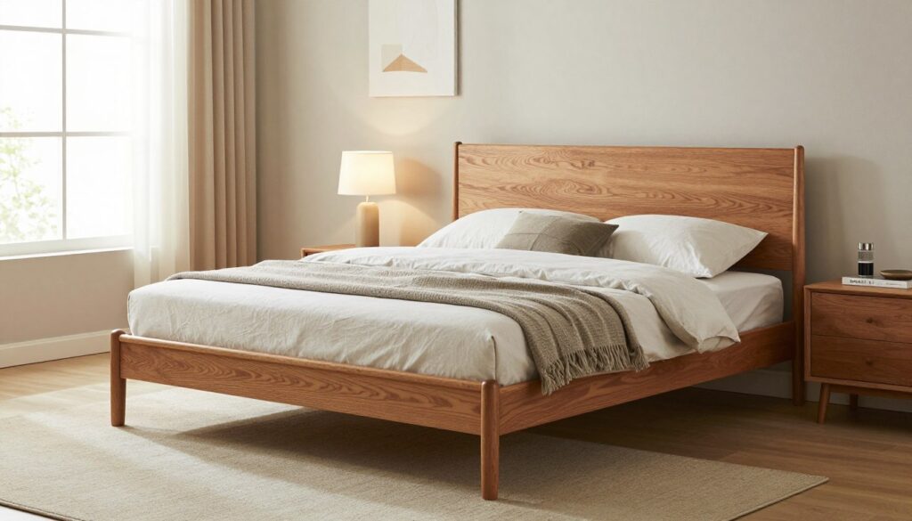 A beautifully designed bedroom featuring a sturdy bed frame made of high-quality wood, showcasing a modern yet timeless construction. The bed is centered in the room, with plush bedding and carefully arranged pillows for comfort. In the foreground, a soft rug adds warmth to the space. The middle ground reveals a stylish nightstand on one side and a minimalist lamp with soft illumination next to it. Behind, the walls are adorned with subtle, calming colors and a small piece of abstract art. Large windows allow natural light to flood the room, creating a serene and inviting atmosphere. The image is captured from an eye-level angle to emphasize the bed's craftsmanship and the cozy ambiance.