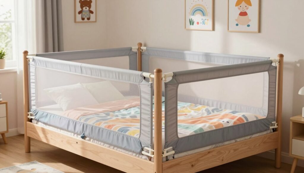 A beautifully designed children's bed in a cozy, well-lit bedroom, showcasing its adjustable features for safety and durability. In the foreground, the bed is made up with colorful, soft bedding and featuring safety rails. The middle ground highlights the sturdy construction, with visible quality materials like solid wood and non-toxic finishes. The background includes playful decor such as stuffed animals and cheerful wall art, creating a warm, inviting atmosphere. Natural light filters in through a window, casting gentle shadows that enhance the room's peacefulness. The image conveys a sense of safety and security, ideal for children’s growth, along with a focus on long-term usability.