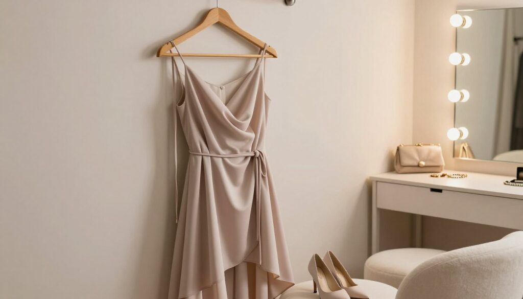 A beautifully draped multiway dress hangs gracefully on a wooden hanger against a soft, neutral-toned wall. The dress showcases elegant fabric with intricate details, featuring two long, flowing strings ready for styling. In the foreground, a pair of stylish high heels rests beside the dress, hinting at the outfit's versatility. The middle background includes a plush, inviting dressing area with a well-lit mirror reflecting soft, warm light, creating a cozy atmosphere. A few accessories, like delicate bracelets and a chic clutch, are subtly arranged on a nearby surface, enhancing the styling theme. The scene has a calm, inspirational mood, highlighting the elegance and creativity of how to tie the dress in multiple ways. The image is taken from a slightly elevated angle, inviting the viewer into the styling process.
