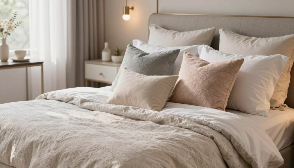A beautifully made bed in an elegantly designed bedroom, featuring a carefully arranged display of decorative pillows on a neatly made duvet. In the foreground, a selection of cushions in varying sizes and colors, including soft pastels and textured fabrics, are artfully stacked and placed at the head of the bed. In the middle, a plush, inviting duvet with subtle patterns enhances the overall aesthetic. The background includes soft-focus elements like bedside tables with tasteful decorative items and a warm, ambient light streaming in through sheer curtains, creating a serene, cozy atmosphere. The room should embody a sense of tranquility and elegance, suitable for a sophisticated yet understated bedroom design. A beautifully made bed in an elegantly designed bedroom, featuring a carefully arranged display of decorative pillows on a neatly made duvet. In the foreground, a selection of cushions in varying sizes and colors, including soft pastels and textured fabrics, are artfully stacked and placed at the head of the bed. In the middle, a plush, inviting duvet with subtle patterns enhances the overall aesthetic. The background includes soft-focus elements like bedside tables with tasteful decorative items and a warm, ambient light streaming in through sheer curtains, creating a serene, cozy atmosphere. The room should embody a sense of tranquility and elegance, suitable for a sophisticated yet understated bedroom design.