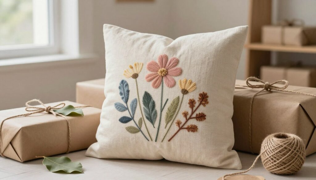 A beautifully packaged decorative pillow sits prominently in the foreground, surrounded by natural, eco-friendly materials such as kraft paper and jute twine. The pillow features a soft, textured fabric with a calming pastel color. In the middle ground, a collection of artistic wrapping elements like dried flowers and leaves complements the scene, showcasing creativity in eco-conscious packaging. The background is softly blurred, revealing a warm, inviting room with soft natural light filtering through a window, creating a cozy, sustainable atmosphere. The image conveys a sense of creativity and mindfulness in gift-giving, perfect for highlighting eco-friendly packaging ideas. The overall mood is serene and artistic, inviting viewers to appreciate the beauty of nature-inspired presentation.