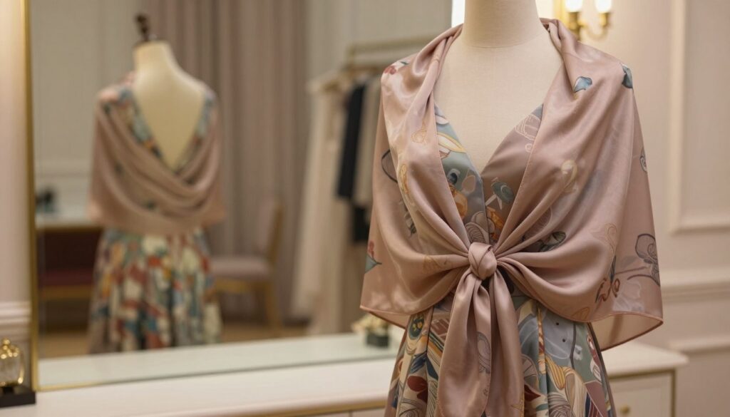 A beautifully styled evening dress displayed in an elegant setting, featuring a rich, flowing fabric with intricate patterns. In the foreground, a soft, luxurious shawl drapes around the neckline of the dress, demonstrating various artistic ways to tie it. The middle ground showcases a sophisticated dressing area with a full-length mirror reflecting the dress and shawl harmoniously. The background features soft, romantic lighting, with warm, muted colors that create an inviting atmosphere. The image captures a close-up perspective that highlights the textures of the fabric and the elegance of the shawl, evoking a sense of grace and refinement suitable for evening occasions.