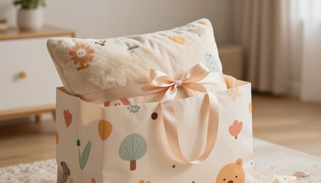 A beautifully wrapped gift bag designed specifically for a large, plush pillow. The foreground features an elegant, colorful gift bag adorned with cheerful patterns and a soft texture, cradling a cozy pillow peeking out. The middle ground includes an intricately tied ribbon, adding a touch of sophistication. In the background, a minimalistic yet inviting room setting with warm, soft lighting casts a cozy atmosphere, perfect for gift-giving. The composition captures the essence of anticipation and warmth, highlighting the pillow's plushness and the charm of the gift presentation. The angle is slightly elevated to focus on the bag and pillow, conveying a sense of care and creativity in the wrapping process.