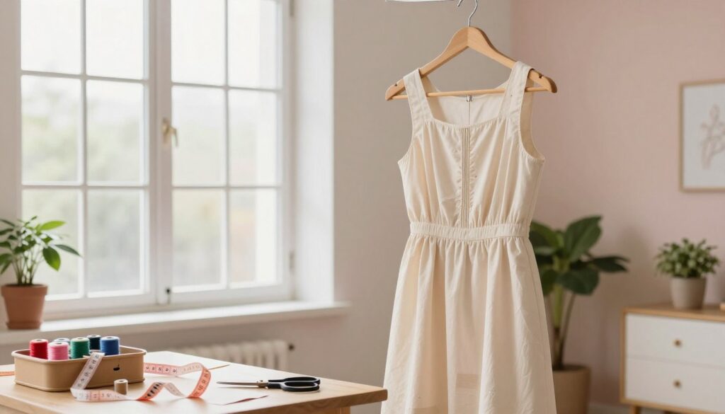 A bright, airy room filled with natural light streaming through a large window. In the foreground, a simple yet elegant dress hanging on a wooden hanger, with visible alterations like pin tucks and fabric tape demonstrating methods to shorten the length without cutting. A sewing kit with colorful threads, fabric scissors (not in use), and measuring tape sits on a nearby table, suggesting a do-it-yourself approach. In the background, soft pastel-colored walls and a few potted plants contribute to a cozy atmosphere. The scene captures a sense of creativity and practicality, emphasizing the ease of altering clothing. The overall mood is inspiring and inviting, encouraging viewers to explore simple solutions for dress alterations.