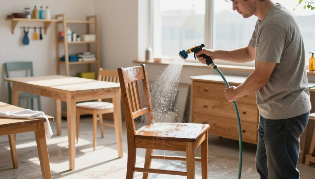 A bright, airy workshop setting focused on the process of rinsing and drying furniture after degreasing. In the foreground, a professional, middle-aged person in modest casual clothing is using a garden hose to gently rinse a wooden chair, water droplets sparkling in the sunlight. The middle ground features a variety of furniture pieces, including a table and dresser, placed on a clean, dry surface, with a soft towel draped over one item. In the background, shelving units hold cleaning supplies and tools, with a large window allowing natural light to flood the space, creating a warm, inviting atmosphere. The mood is focused and industrious, emphasizing careful preparation for painting.