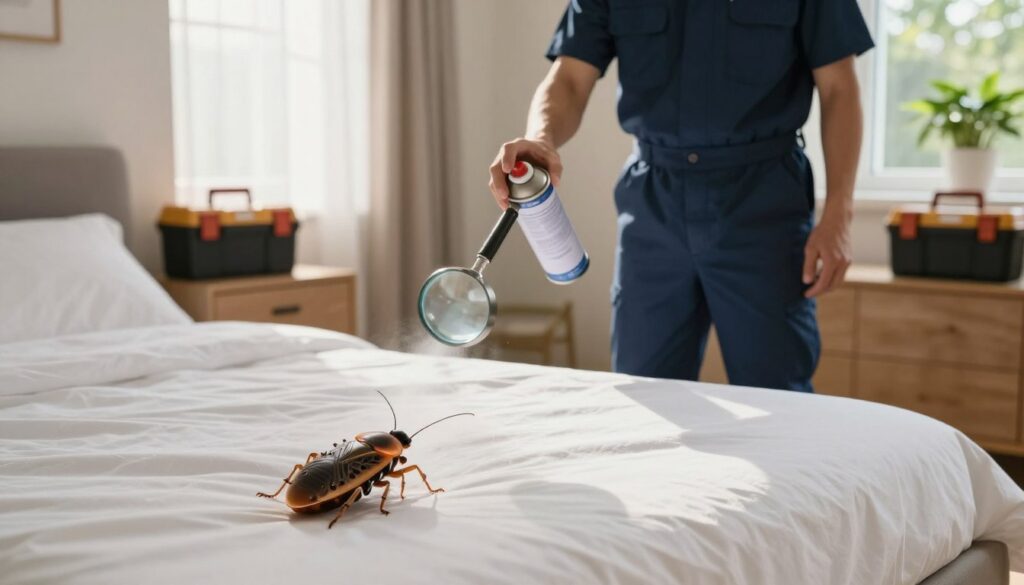 A clean and organized bedroom scene showcasing effective insect eradication methods. In the foreground, feature a neatly made bed with crisp white sheets and a pillow, with a magnifying glass examining a small, detailed representation of bed bugs and fleas. In the middle, show an exterminator in professional attire, using a high-tech spray canister, carefully applying pest control solutions to the edges of the bed and surrounding furniture. The background displays a cozy bedroom with warm lighting, soft natural sunlight filtering through sheer curtains, creating a calm atmosphere. Enhance the scene with elements like a pest control toolbox and a bright green plant by the window, suggesting a healthy, pest-free environment. The overall mood should convey reassurance and cleanliness. A clean and organized bedroom scene showcasing effective insect eradication methods. In the foreground, feature a neatly made bed with crisp white sheets and a pillow, with a magnifying glass examining a small, detailed representation of bed bugs and fleas. In the middle, show an exterminator in professional attire, using a high-tech spray canister, carefully applying pest control solutions to the edges of the bed and surrounding furniture. The background displays a cozy bedroom with warm lighting, soft natural sunlight filtering through sheer curtains, creating a calm atmosphere. Enhance the scene with elements like a pest control toolbox and a bright green plant by the window, suggesting a healthy, pest-free environment. The overall mood should convey reassurance and cleanliness.