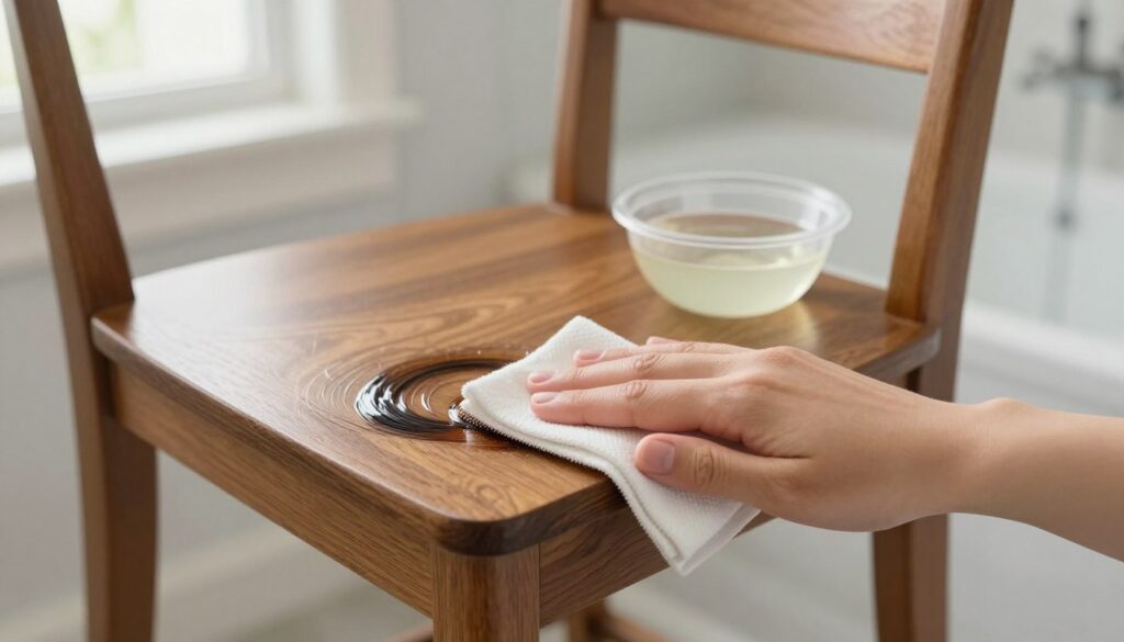 A close-up of a delicate and careful process of removing fresh hair dye from a piece of furniture. In the foreground, a hand gently wipes a streak of vibrant hair dye using a soft cloth dipped in a gentle cleaning solution, showcasing the texture of the fabric. The middle ground features a polished wooden chair showing signs of the dye, with a small bowl of the cleaning solution beside it. The background includes a softly lit, tidy bathroom with natural light streaming through a window, creating a serene and calm atmosphere. The scene is captured from a slightly elevated angle, focusing on the action, emphasizing meticulous care and safety in a home environment. A close-up of a delicate and careful process of removing fresh hair dye from a piece of furniture. In the foreground, a hand gently wipes a streak of vibrant hair dye using a soft cloth dipped in a gentle cleaning solution, showcasing the texture of the fabric. The middle ground features a polished wooden chair showing signs of the dye, with a small bowl of the cleaning solution beside it. The background includes a softly lit, tidy bathroom with natural light streaming through a window, creating a serene and calm atmosphere. The scene is captured from a slightly elevated angle, focusing on the action, emphasizing meticulous care and safety in a home environment.