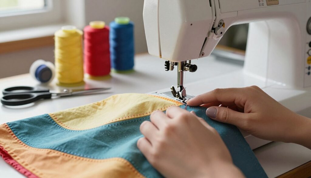 A close-up view of a sewing workspace, focusing on the detailed process of connecting pillowcase elements. In the foreground, colorful fabric pieces are carefully aligned with precise stitches visible along the main seams. A sewing machine is prominently featured, with threading and fabric flowing under the needle. In the middle ground, spools of vibrant thread and sewing tools like scissors and pins are artistically arranged. The background is softly blurred but hints at a cozy, well-lit room with natural light streaming through a window, casting gentle shadows. The atmosphere is creative and inviting, capturing the essence of a dedicated crafting moment.