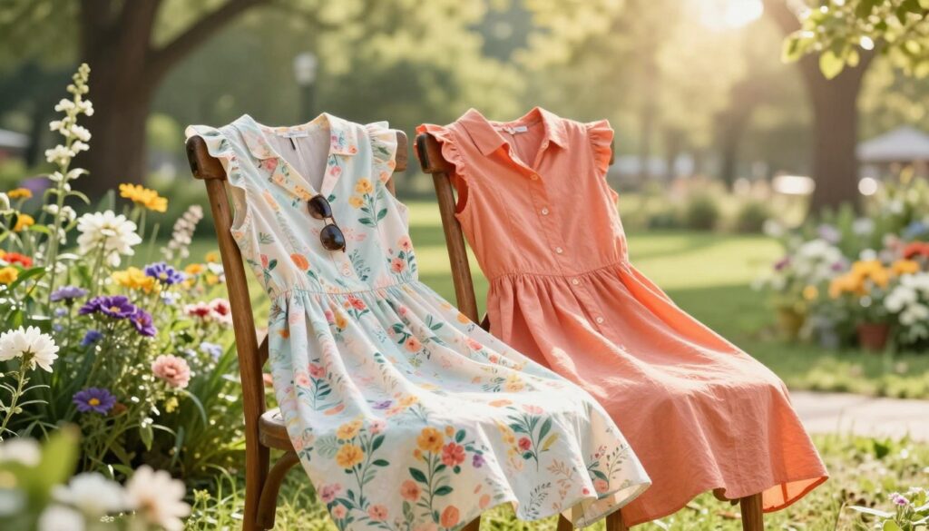 A collection of summer shirt dresses in various colors and patterns, showcasing their versatility for everyday outfits. In the foreground, two dresses are gracefully draped over a rustic wooden chair, one in a light pastel floral print and the other in a solid vibrant color. In the middle ground, a serene garden setting filled with blooming flowers and lush green leaves enhances the summer vibe. The background features a soft-focus view of a sunny park with gentle rays of sunlight filtering through the trees, creating a warm and inviting atmosphere. The lighting is bright and natural, evoking a cheerful mood, while the scene is captured with a soft lens to emphasize the breezy, comfortable nature of summer fashion.