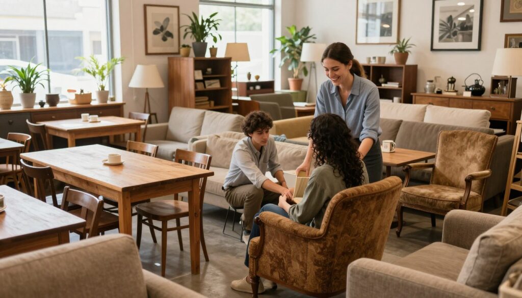 A cozy and inviting second-hand furniture shop, showcasing a variety of used furniture pieces like wooden tables, chairs, and sofas arranged appealingly. In the foreground, a friendly shopkeeper, dressed in professional casual clothing, is assisting a customer who is inspecting a vintage armchair. The middle ground features a diverse selection of furniture, with warm lighting casting gentle shadows, creating an atmosphere of charm and nostalgia. The background shows more furniture pieces along with decorative elements, such as plants and artwork, enhancing the ambiance of the shop. The scene is bright and welcoming, with large windows allowing natural light to flood in, inviting potential buyers to browse the quality used furniture available for sale. A cozy and inviting second-hand furniture shop, showcasing a variety of used furniture pieces like wooden tables, chairs, and sofas arranged appealingly. In the foreground, a friendly shopkeeper, dressed in professional casual clothing, is assisting a customer who is inspecting a vintage armchair. The middle ground features a diverse selection of furniture, with warm lighting casting gentle shadows, creating an atmosphere of charm and nostalgia. The background shows more furniture pieces along with decorative elements, such as plants and artwork, enhancing the ambiance of the shop. The scene is bright and welcoming, with large windows allowing natural light to flood in, inviting potential buyers to browse the quality used furniture available for sale.