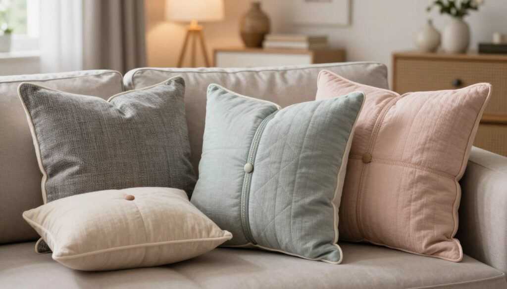 A cozy arrangement of decorative cushions featuring elegant piping and intricate quilting details, displayed prominently in the foreground. The cushions should be designed in soft, inviting fabrics with a mix of subtle pastels and rich textures, showcasing buttons and hidden zippers for added charm. In the middle ground, a stylish living room setting with a plush sofa complements the cushions, allowing for a homely atmosphere. The background features a softly lit room with warm lighting, enhancing the cushions' colors and textures. Capture the scene from a slight angle to emphasize depth, creating an inviting and serene ambiance that resonates with comfort and design. A cozy arrangement of decorative cushions featuring elegant piping and intricate quilting details, displayed prominently in the foreground. The cushions should be designed in soft, inviting fabrics with a mix of subtle pastels and rich textures, showcasing buttons and hidden zippers for added charm. In the middle ground, a stylish living room setting with a plush sofa complements the cushions, allowing for a homely atmosphere. The background features a softly lit room with warm lighting, enhancing the cushions' colors and textures. Capture the scene from a slight angle to emphasize depth, creating an inviting and serene ambiance that resonates with comfort and design.