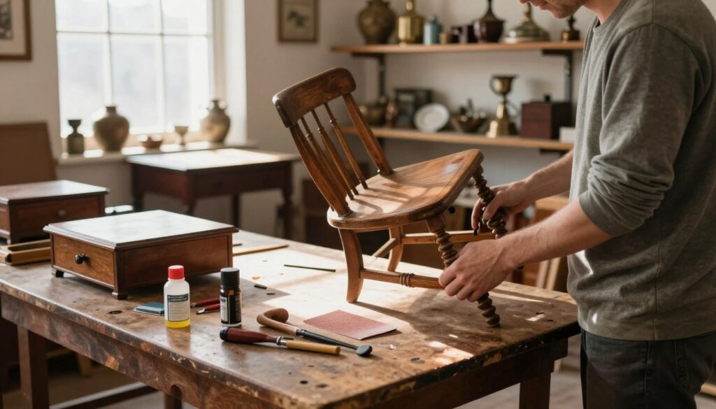 A cozy indoor workshop scene with a vintage ambiance, showcasing a person in modest casual clothing carefully restoring old furniture pieces, such as a classic wooden chair and a retro table. In the foreground, tools like sandpaper and wood polish are spread out on a worn workbench, highlighting the hands-on preparation process. The middle ground features a well-lit area with bright natural sunlight streaming in through a window, illuminating the wooden textures of the furniture. In the background, shelves filled with vintage decor and more furniture awaiting restoration create a rich, nostalgic atmosphere. The mood is warm and inviting, capturing the essence of preparing beloved vintage items for sale with a sense of craftsmanship and care.