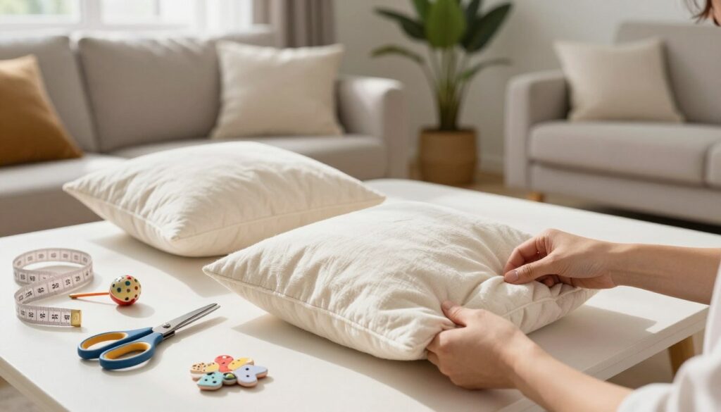 A cozy living room setting featuring a hands-on demonstration of making a no-sew pillow from a soft blanket. In the foreground, a pair of hands are skillfully folding the blanket into a square shape, surrounded by colorful fabric scissors, small decorative items, and a measuring tape. The middle layer shows the partially assembled pillow, fluffed and inviting, with a subtle texture that catches the light. In the background, a softly lit couch adorned with accent cushions and a potted plant creates a warm, homey atmosphere. The lighting is natural, streaming in from a nearby window, enhancing the inviting, creative mood of the scene. The angle focuses on the pillow-making process, emphasizing the hands and materials, while ensuring the surroundings feel welcoming and stylish.