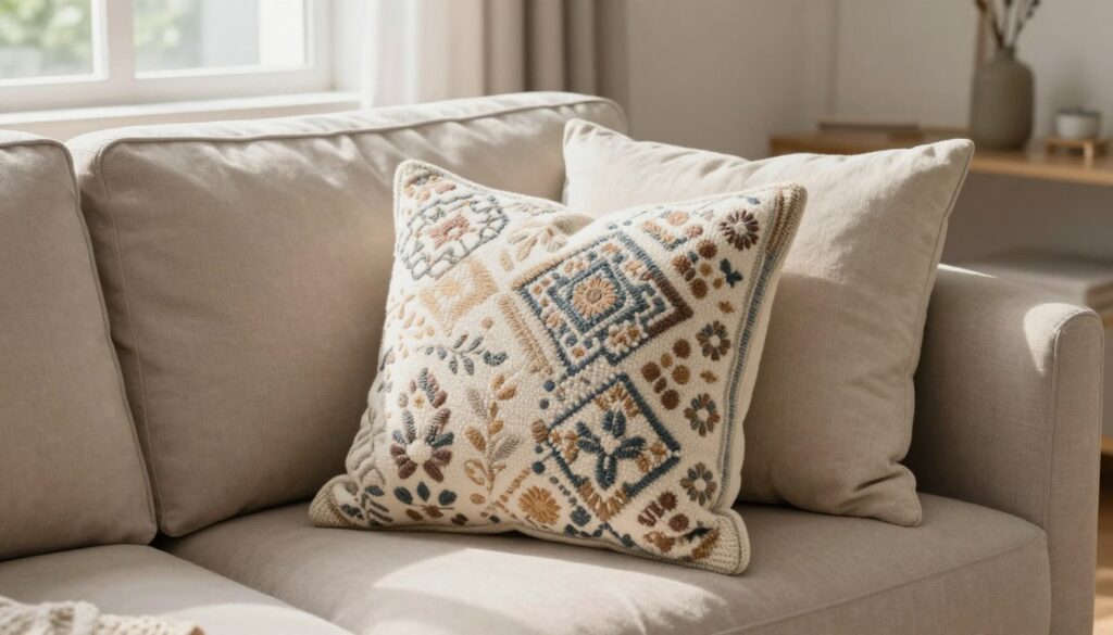 A cozy living room setting showcases a beautifully arranged decorative pillow made from a folded blanket, exuding warmth and practicality. In the foreground, the plush pillow displays intricate patterns and soft textures, inviting viewers to appreciate its dual function. The middle ground features a stylish couch adorned with complementary cushions and a knitted throw draped casually across it, enhancing the homey atmosphere. The background reveals a softly lit window, allowing natural light to filter in, casting gentle shadows that create a tranquil ambiance. The overall mood is inviting and serene, perfect for a home that values comfort and creativity in storage solutions. The scene is captured with a warm color palette, emphasizing the coziness of the space while showcasing the innovative use of a blanket as a pillow.