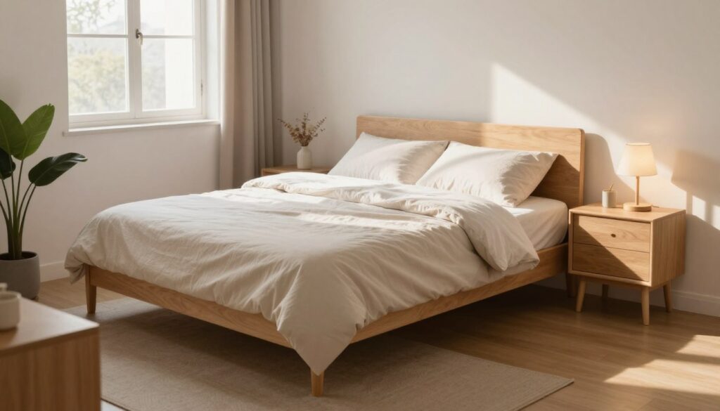A cozy small bedroom featuring a neatly made bed with soft, inviting bedding. The bed is positioned to allow easy access on both sides, ensuring a clear pathway. Surrounding the bed are minimalist furniture pieces, including a small bedside table with a lamp and a compact dresser. The room is well-lit with natural light streaming in through a window, casting warm shadows across the room. Decor elements include a potted plant in the corner and light-colored walls that enhance the sense of space. The atmosphere is serene and organized, promoting a feeling of comfort and accessibility. The composition captures the essence of maximizing functionality in a limited area, emphasizing a harmonious balance between style and practicality.