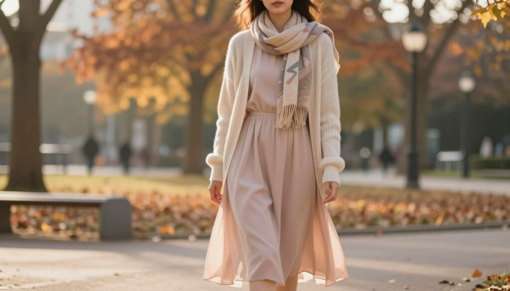 A cozy transitional outfit styled for a long-sleeve dress, showcasing layered fashion suitable for the season. In the foreground, a model stands confidently, wearing a flowy, ankle-length dress in soft pastel colors, paired with a lightweight knit cardigan and a stylish scarf. The middle ground features subtle fall foliage, with warm-toned leaves softly blurred to create depth. The background includes a softly lit urban park, creating a serene, inviting atmosphere. The golden hour sun casts gentle light, adding warmth and highlighting the textures of the clothing. The mood is elegant yet approachable, perfect for everyday styling during the transitional season.