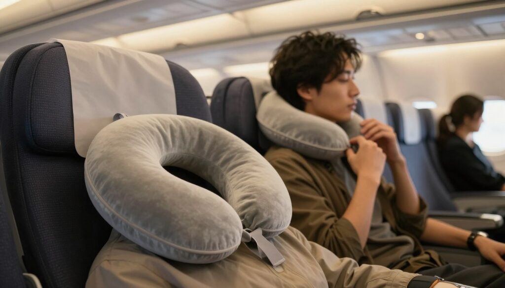 A cozy travel scene featuring a well-prepared travel pillow ready for use during sleep. In the foreground, a comfortable neck pillow in soft fabric, resting on a plush airplane seat. In the middle, a traveler, dressed in modest casual clothing, adjusts the travel pillow with a calm expression, ready for rest. The airplane cabin is softly lit, with overhead lights providing a warm glow, enhancing the comforting atmosphere. In the background, faint outlines of fellow passengers can be seen, adding context to the travel environment. The angle captures the traveler in a semi-side view, contributing to an inviting and tranquil mood, perfect for illustrating the preparation for restful sleep during travel.