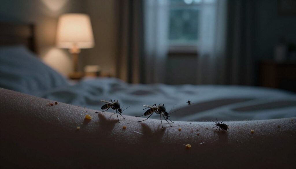 A dark, serene bedroom at night, softly illuminated by a dim bedside lamp, casting gentle shadows. In the foreground, close-up details of various biting insects: a mosquito resting on a pale arm, a tiny midge hovering nearby, and a tick creeping along the edge of a bed sheet. The middle ground features rumpled bedding scattered with crumbs, hinting at the presence of pests. In the background, a slightly open window allows the night breeze to flutter sheer curtains, enhancing the ambiance. The mood is subtle and slightly eerie, capturing a sense of vulnerability in a peaceful nighttime setting. The focus is sharp on the insects while the rest of the scene remains softly blurred, creating a sense of intimacy and realism. A dark, serene bedroom at night, softly illuminated by a dim bedside lamp, casting gentle shadows. In the foreground, close-up details of various biting insects: a mosquito resting on a pale arm, a tiny midge hovering nearby, and a tick creeping along the edge of a bed sheet. The middle ground features rumpled bedding scattered with crumbs, hinting at the presence of pests. In the background, a slightly open window allows the night breeze to flutter sheer curtains, enhancing the ambiance. The mood is subtle and slightly eerie, capturing a sense of vulnerability in a peaceful nighttime setting. The focus is sharp on the insects while the rest of the scene remains softly blurred, creating a sense of intimacy and realism.