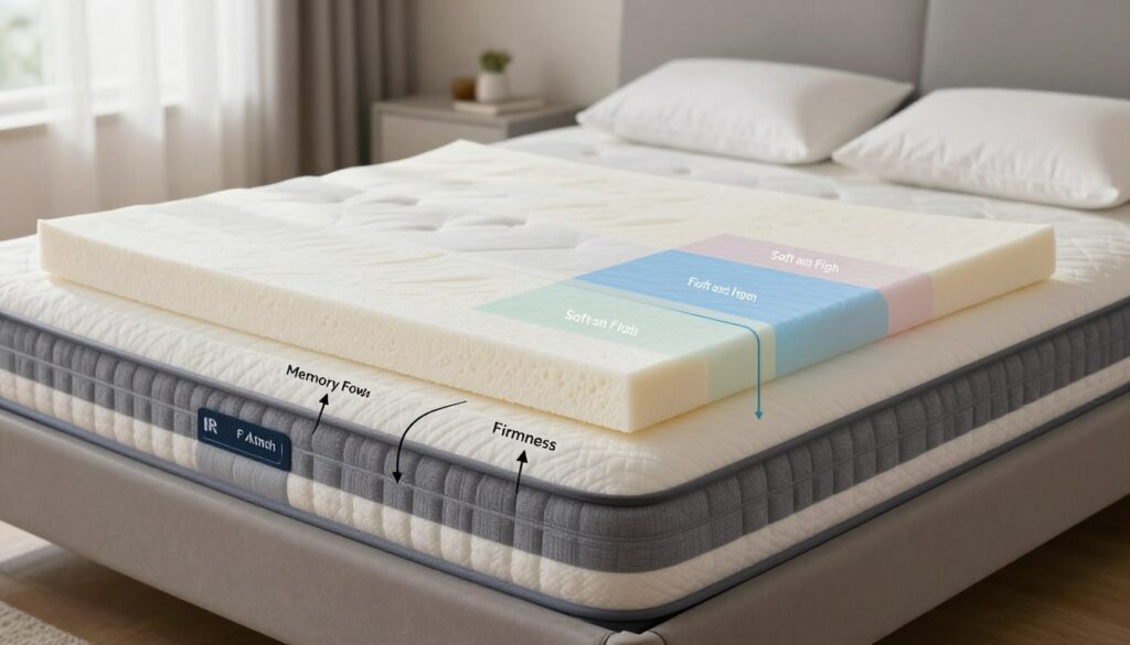 A detailed, cross-sectional illustration of a mattress construction and its firmness zones. The foreground showcases various layers of materials: a soft foam top layer, a supportive memory foam middle layer, and a sturdy coil spring base. Each layer clearly labeled with arrows indicating firmness levels. In the middle ground, a partially transparent view reveals how these layers interact, highlighting soft and firm zones for different sleeping positions. The background features a serene bedroom setting with soft, natural lighting illuminating the mattress. A slight overhead angle captures a professional atmosphere, making it suitable for educational purposes. The mood is calm and inviting, perfect for discussing mattress selection tailored to individual needs.