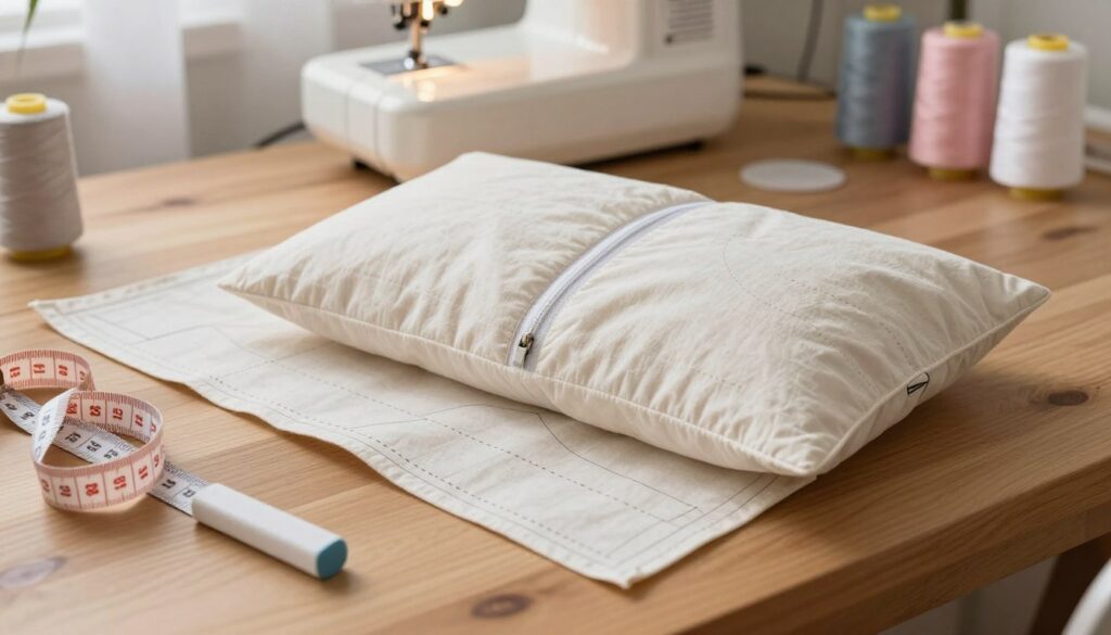 A detailed sewing pattern for a decorative pillowcase with a zipper, laid out on a wooden table. In the foreground, a measuring tape and tailor's chalk are placed next to the pattern, showcasing precise dimensions for various pillow sizes, including seam allowances. In the middle, the pattern is neatly arranged, with dashed lines indicating cutting lines and a clear zipping mechanism illustrated. The background features a softly lit sewing machine and spools of thread in muted pastel colors, creating a cozy and inviting atmosphere. The lighting highlights the texture of the fabric and the intricate details of the pattern. The overall mood is warm and creative, reflecting the process of sewing in a home studio setting.