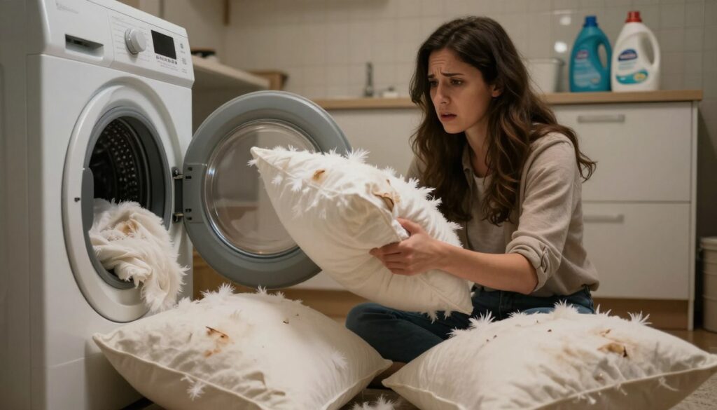 A dimly lit laundry room featuring a washing machine and a partially open dryer, with fluffy feather pillows in distress, showing visible signs of damage or **misplacement during washing**. In the foreground, the pillows are slightly disheveled, with feathers poking out, symbolizing common mistakes. In the middle, a worried homeowner in modest casual clothing is examining the pillows, looking concerned as they realize the errors made in the washing process. The background has a tidy space with laundry essentials like detergent and a fabric softener, creating a relatable domestic atmosphere. Soft overhead lighting creates a warm environment, highlighting the textures of the pillows and laundry items, conveying a sense of caution and learning about pillow care.