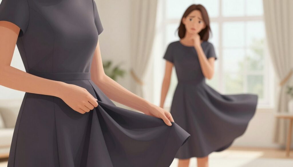 A fashion-focused illustration showing a close-up of a woman in a stylish outfit, examining the hem of her dress in a thoughtful manner. The foreground features her hands gently pulling the fabric of a knee-length, elegant dress, which has a slight gather. In the middle ground, the focus is on her thoughtful expression and the playful flutter of the dress as she moves. The background is softly blurred, showcasing a bright, airy room with natural light streaming in through a window, enhancing a comfortable and inviting atmosphere. The overall mood is one of elegance and concern, reflecting the theme of addressing dress-related issues. The scene captures a sense of exploration and problem-solving without any text or distractions.