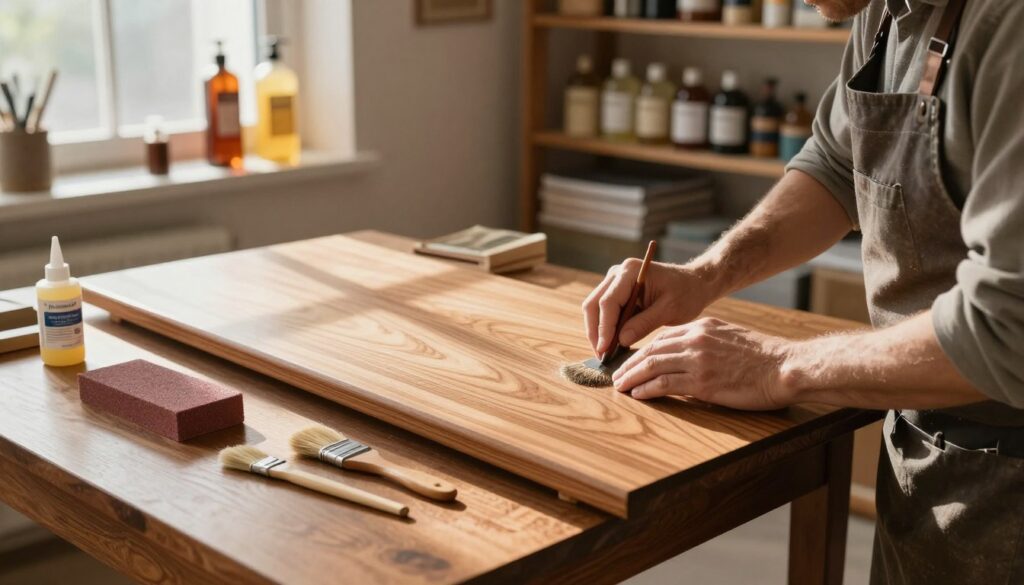 A gentle, focused workspace showcasing the careful process of veneered furniture restoration. In the foreground, a skilled artisan wearing a professional apron, meticulously sanding down the surface of an antique veneered table. Tools like a fine sanding block, wood glue, and delicate brushes are arranged neatly nearby, emphasizing precision. In the middle, the table's intricate wood grain is highlighted by soft, warm daylight streaming in from a window, casting gentle shadows that enhance its beauty. The background features shelves filled with various wood finishing oils and restoration manuals, creating an inviting atmosphere. The overall mood is serene and focused, reflecting an atmosphere of craftsmanship and attention to detail.