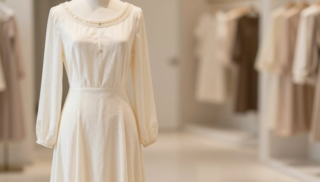 A long-sleeved dress with an ornate neckline, elegantly draping to the floor. The dress features intricate details around the neckline, offering a sophisticated touch. Foreground: focus on the dress displayed on a mannequin, capturing the fine textures and embellishments. Middle: a soft, well-lit setting that highlights the fabric's flow and patterns, with gentle shadows that accentuate the dress's contours. Background: a blurred, warm-toned interior space that suggests a cozy, stylish atmosphere. The lighting is bright yet soft, creating a dreamy feel. The overall mood is inviting and chic, appealing to those looking for everyday styling inspiration. No text or additional elements in the image.