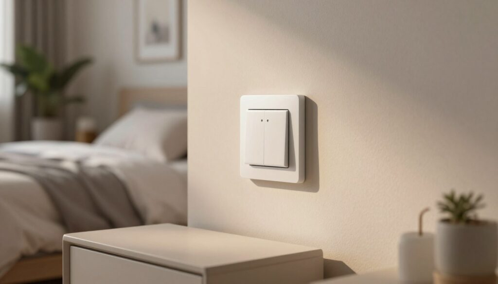 A modern bedroom featuring a bed with soft, neutral bedding, and a sleek bedside table. In the foreground, focus on a wall-mounted light switch positioned at an ergonomic height, thoughtfully designed for easy access from the bed. The switch should be stylish, perhaps in a minimalist design, with warm light softly illuminating the scene. In the background, include calming decor elements like framed artwork and potted plants, contributing to a serene atmosphere. Use natural lighting to create a cozy mood, emphasizing the comfort of the space. The angle should be slightly elevated, capturing both the light switch and the bed in one harmonious composition, illustrating the importance of thoughtful installation height in bedroom design.