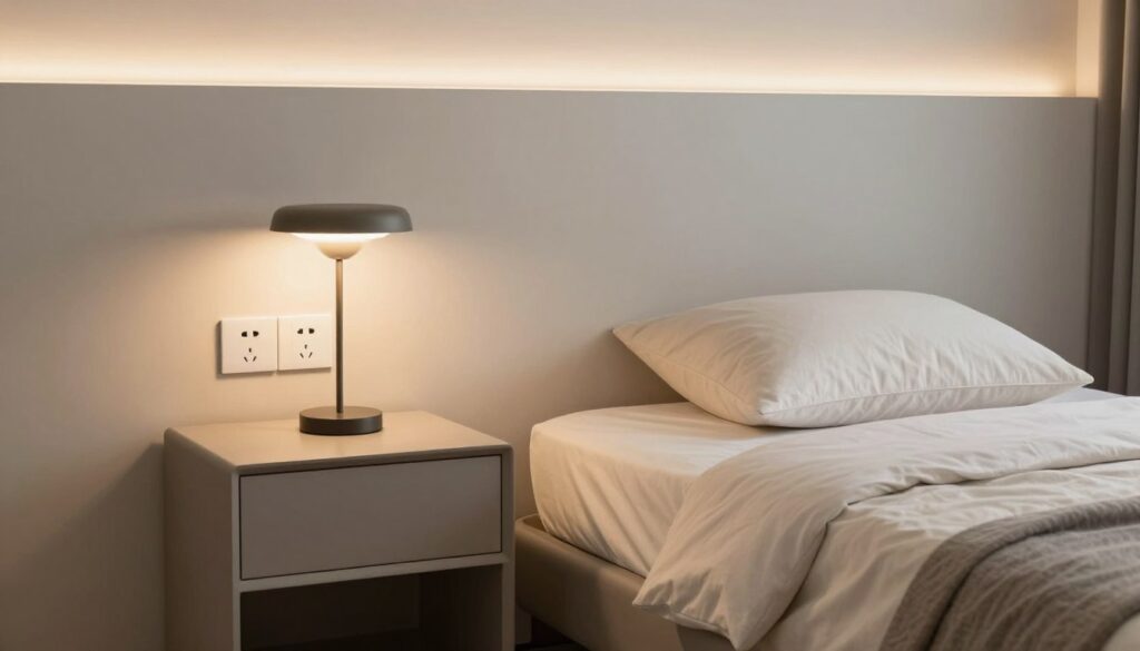 A modern bedroom interior showcasing an ergonomic design, featuring a neatly made twin bed with soft, neutral-colored bedding. Next to the bed, a stylish bedside table with a contemporary lamp. The focus is on the electrical outlets installed at the optimal height for accessibility, blending seamlessly into the wall design. The bedside wall has a calming color palette with soft ambient lighting creating a serene atmosphere. The angle captures both the bed and the wall, highlighting the practical arrangement of the sockets. The composition is warm and inviting, designed to convey comfort and functionality, while emphasizing a well-thought-out layout for a bedroom setting.