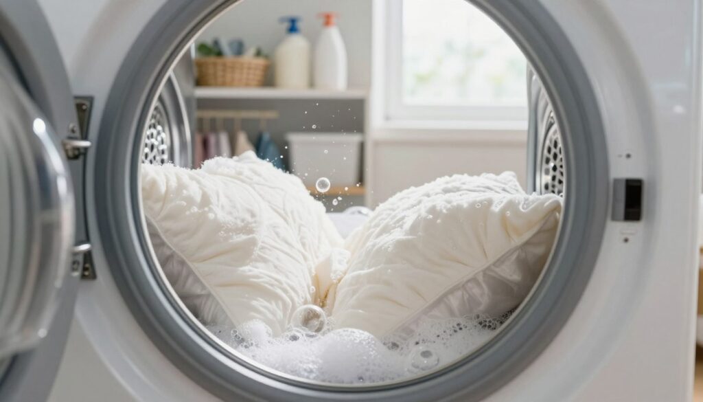 A modern laundry room featuring a large, open washing machine filled with fluffy down pillows being gently agitated in warm, soapy water. The foreground shows the washing machine with its door slightly ajar, revealing the delicate pillows. In the middle, soft bubbles float around, and the shiny chrome surface of the machine reflects the surrounding environment. The background includes neatly organized laundry supplies on shelves, with bright, natural light streaming through a nearby window, adding a cozy, inviting atmosphere. The overall mood is calm and reassuring, emphasizing safe washing practices. The composition should capture a close-up perspective, focusing on the action of washing while ensuring a clean and tidy aesthetic in the space.