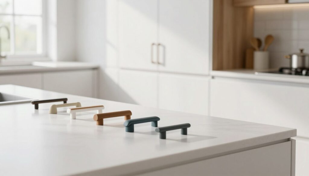 A modern white kitchen interior, showcasing a stunning array of cabinet handles and knobs in various styles, colors, and finishes. In the foreground, highlight a sleek white countertop with stylish handle samples displayed on it. The middle ground features elegant white cabinets, reflecting contemporary design with soft lines and minimalistic aesthetics, accented by warm wooden elements. The background shows a bright and airy kitchen space with large windows, allowing natural light to stream in, creating a cheerful and inviting atmosphere. The scene is captured from a slight angle to emphasize depth, with soft shadows for a realistic touch. The overall mood is sophisticated yet approachable, embodying the essence of a modern kitchen design.