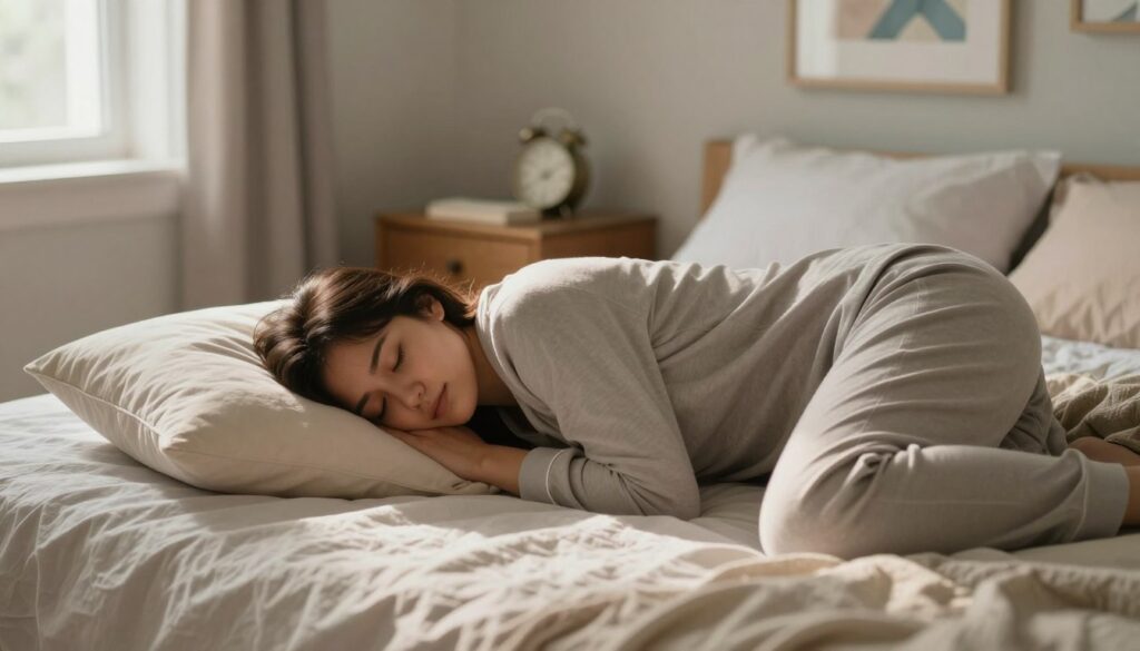 A peaceful bedroom scene featuring a person sleeping on their stomach on a comfortable bed with soft bedding in calming colors. The individual, wearing modest pajamas, is positioned in a serene environment, demonstrating the relaxed posture of stomach sleeping. In the foreground, there are fluffy pillows and gentle, natural lighting filtering through a nearby window, creating a warm and inviting atmosphere. The middle ground includes a bedside table with a clock and a book, while the background features calming wall art and pale-colored walls, enhancing the soothing ambiance. The scene captures the essence of restful sleep and emphasizes the importance of changing positions frequently for optimal comfort.