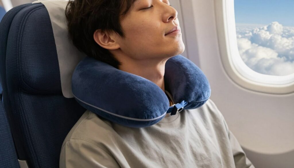 A person in a smart casual outfit is seated comfortably in an airplane seat, demonstrating the correct way to position a travel pillow under their chin. The foreground captures the individual’s face with a relaxed expression, showcasing the ease provided by the pillow. The travel pillow is plush and vibrant, cradling their neck, enhancing support. In the middle ground, the airplane interior is visible, featuring soft lighting that creates a calming atmosphere. The background illustrates a window with clouds outside, suggesting a serene travel experience. The angle is slightly tilted down to emphasize the pillow placement, conveying a sense of clarity and focus on neck support. The overall mood is relaxed and informative, ideal for travel comfort.