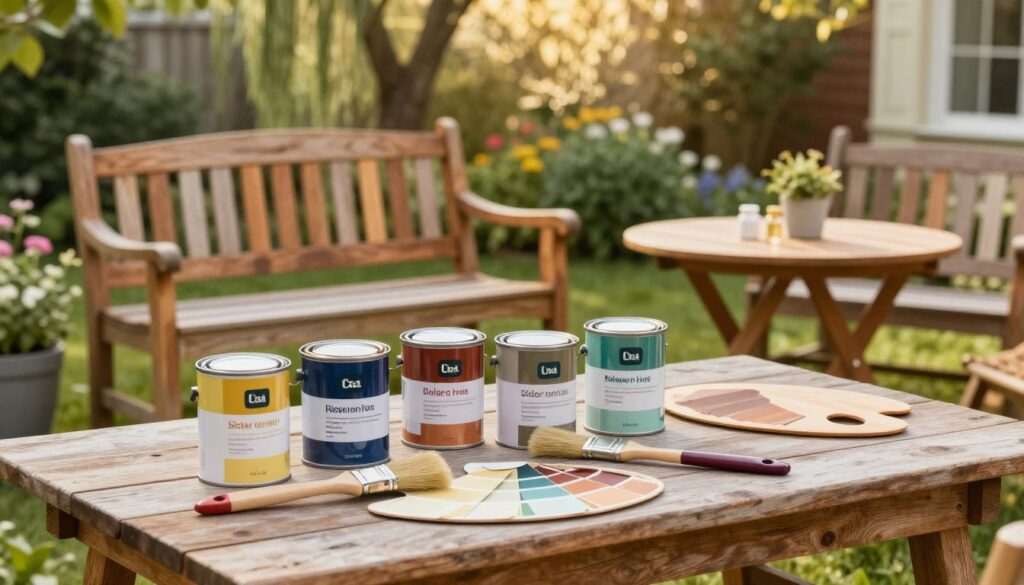 A selection of various garden furniture finishing preparations displayed on a rustic wooden table in a vibrant outdoor setting. In the foreground, several cans of weather-resistant paint and wood preservatives featuring natural colors, alongside paintbrushes and a small palette of swatches demonstrating different finishes. The middle ground showcases a beautifully finished garden bench and a table, each reflecting distinct textures and tones, indicative of the effects achieved by the products nearby. In the background, gently swaying trees and flowering plants enhance the atmosphere of a serene garden space under soft, golden sunlight. The scene evokes a sense of tranquility and creativity, inspiring the viewer to consider their own outdoor furniture finishing choices.