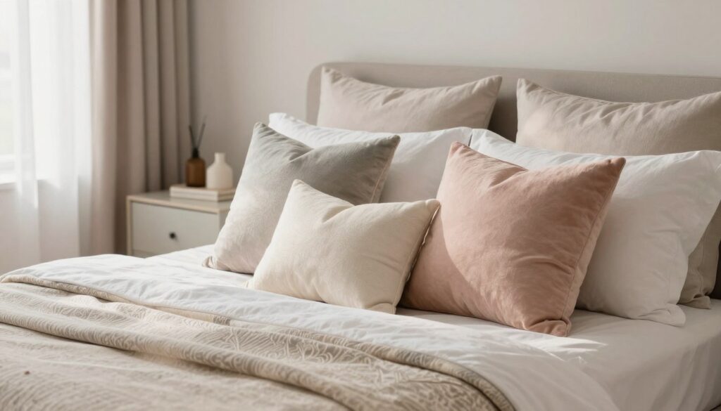 A serene and stylish bedroom showcasing a harmonious arrangement of decorative pillows on a neatly made bed. In the foreground, the bed features an array of plush, textured pillows in soft pastel colors, layered thoughtfully to create depth. The middle space reveals a beautifully draped bedspread with delicate patterns, while a modern bedside table holds minimalistic decorative items. In the background, warm, natural light filters through sheer curtains, illuminating the cozy atmosphere. The room exudes an inviting and tranquil mood, with a soft-focus lens effect enhancing the calm feel. Capture the stylish elegance of a sophisticated interior design akin to a lifestyle magazine. The overall composition should be balanced, with attention to detail emphasizing the art of pillow arrangement. A serene and stylish bedroom showcasing a harmonious arrangement of decorative pillows on a neatly made bed. In the foreground, the bed features an array of plush, textured pillows in soft pastel colors, layered thoughtfully to create depth. The middle space reveals a beautifully draped bedspread with delicate patterns, while a modern bedside table holds minimalistic decorative items. In the background, warm, natural light filters through sheer curtains, illuminating the cozy atmosphere. The room exudes an inviting and tranquil mood, with a soft-focus lens effect enhancing the calm feel. Capture the stylish elegance of a sophisticated interior design akin to a lifestyle magazine. The overall composition should be balanced, with attention to detail emphasizing the art of pillow arrangement.