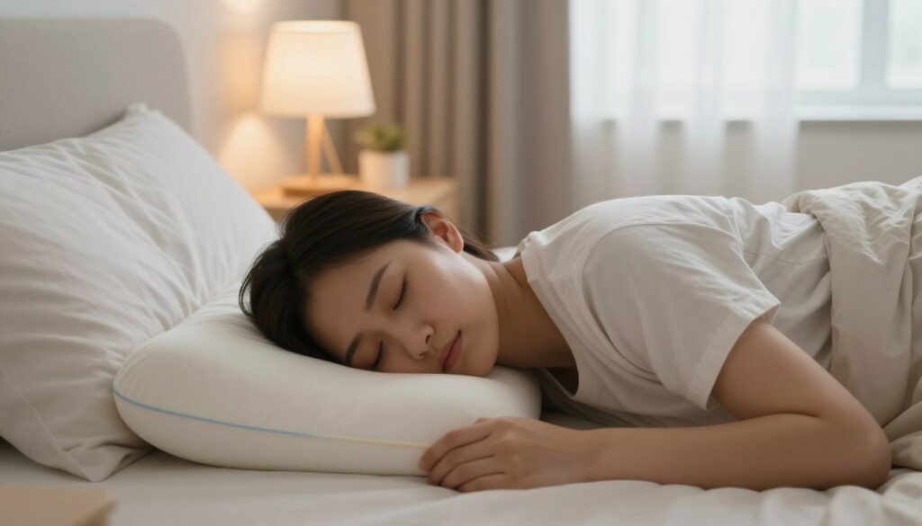 A serene bedroom scene featuring a person sleeping comfortably on an orthopedic pillow that supports their head and neck in a healthy alignment. The foreground shows the individual in modest sleepwear, peacefully resting on their side with a relaxed expression, showcasing the correct head and neck position to reduce cervical pain. The middle ground includes soft bedding and a bedside table with a gentle lamp providing warm, natural lighting that creates a calming atmosphere. The background reveals a softly illuminated window with light curtains, emphasizing a peaceful nighttime environment. The image conveys a sense of tranquility and proper sleep posture, aimed to educate viewers on how to alleviate neck discomfort while sleeping.