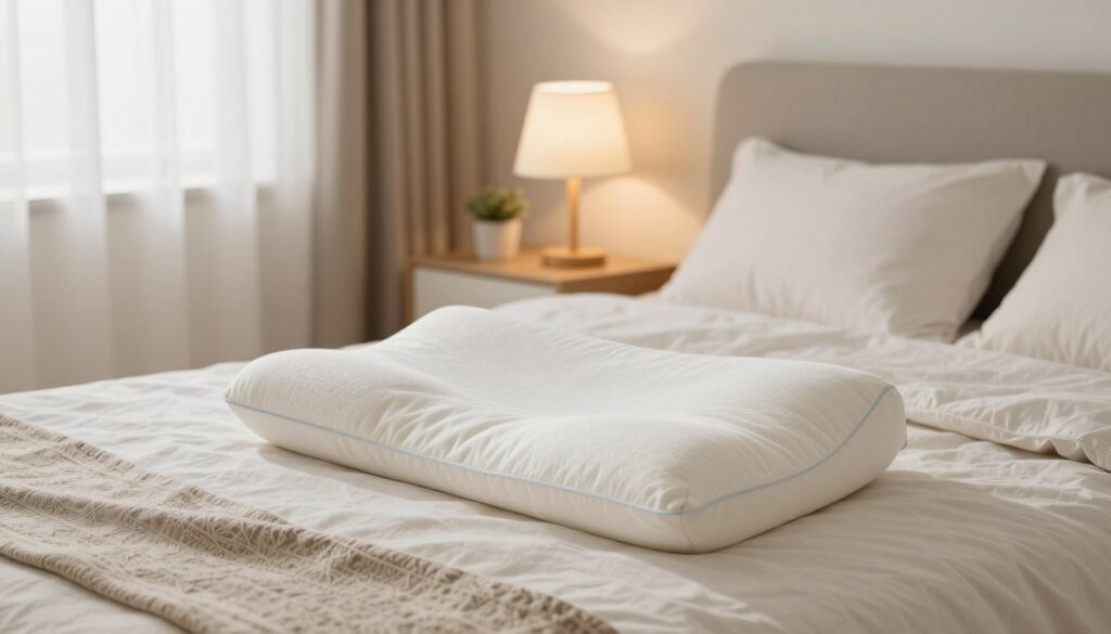 A serene bedroom scene showcasing the preparation of an orthopedic pillow for sleep. In the foreground, a well-designed orthopedic pillow is neatly placed on a plush, elegantly made bed, featuring soft linens and a delicate decorative throw. In the middle ground, a bedside table holds a soothing lamp casting warm light, alongside a small plant for a touch of nature. The background features a softly lit window with sheer curtains allowing gentle daylight to filter through, creating a calm ambiance. The overall atmosphere is tranquil and inviting, encouraging relaxation and proper sleep posture. The image is captured with a soft focus, emphasizing comfort, and employs a warm color palette to evoke a sense of serenity and well-being.