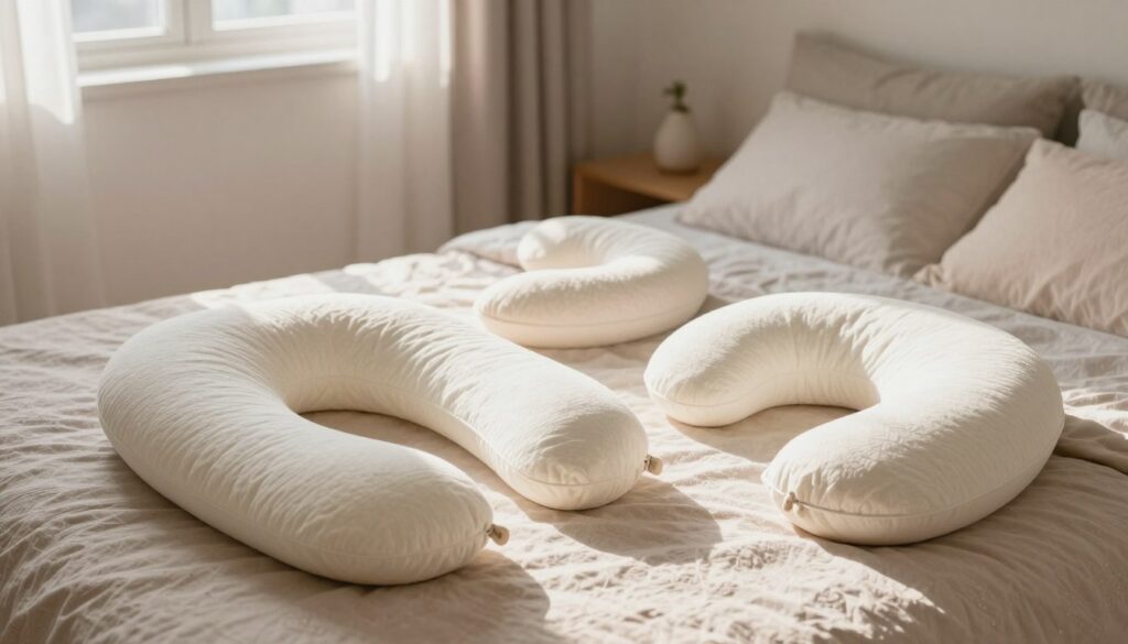 A serene bedroom setting featuring a variety of pregnancy pillows in different shapes and sizes, elegantly arranged on a soft, comfortable bed. In the foreground, showcase a C-shaped pillow, a U-shaped pillow, and a wedge pillow, highlighting their contours and textures. The middle ground features a cozy, neatly made bed with a subtle, pastel color scheme, complemented by soft bed linens and a gently patterned bedspread. Natural light streams in from a window, creating a warm and inviting atmosphere, with soft shadows enhancing the shapes of the pillows. The background shows a calm, neutral-toned wall with minimal decor, ensuring the focus remains on the pregnancy pillows and their potential arrangements for optimal comfort.