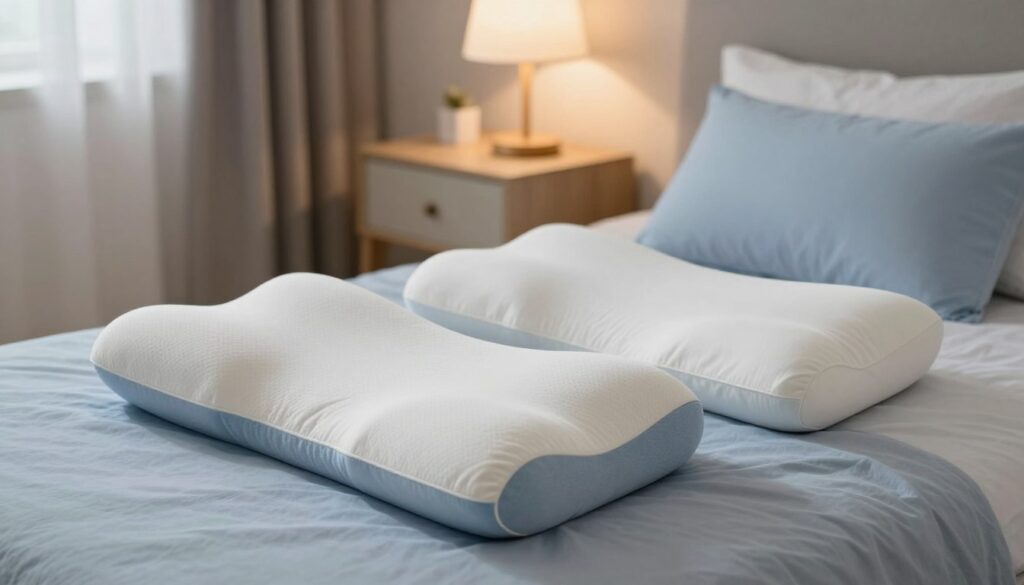 A serene bedroom setting showcasing various orthopedic pillows suited for different sleeping positions. In the foreground, a side view of a plush orthopedic pillow shaped for side sleepers, with a soft contour supporting the neck and head. Next to it, a flat pillow designed for back sleepers, demonstrating proper head alignment. In the middle ground, a bedside table with a gentle light illuminating the pillows. The background features a cozy bed with neutral-toned linens and a peaceful atmosphere enhanced by warm, soft lighting. A calming color palette of blues and whites creates a tranquil mood. Use a soft-focus lens to emphasize the pillows while keeping the details clear, avoiding any distractions. The overall image should inspire comfort and promote restful sleep.