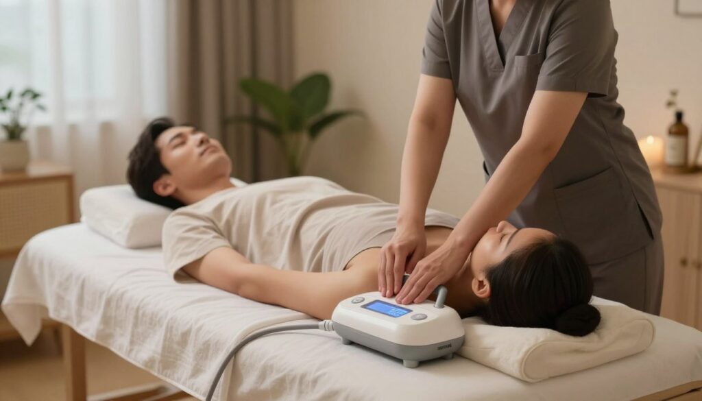 A serene image capturing a massage session on the NM-5000 device, featuring a professional therapist and a client in modest casual attire. The foreground showcases the NM-5000 device with its sleek design and comfortable surface, while the therapist demonstrates gentle, therapeutic techniques. In the middle ground, the client appears relaxed, laying comfortably on the device, surrounded by soft ambient lighting that enhances the tranquil atmosphere. The background features a calm and inviting wellness room, with soft colors, plants, and minimalistic decor that evoke a sense of peace and relaxation. The overall mood is soothing and professional, emphasizing wellbeing and comfort during the massage session.