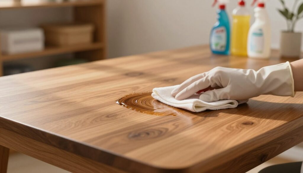 A serene interior scene featuring a polished wooden table with a small patch of hair dye smeared on its surface. In the foreground, a pair of gloved hands is seen using a soft cloth and a gentle cleaning solution to remove the stain. The lighting is warm and inviting, casting soft shadows that enhance the smooth texture of the lacquered wood. In the background, shelves filled with cleaning supplies and colorful bottles hint at practical home remedies. The atmosphere is calm, focusing on the meticulous task of cleaning, symbolizing patience and care. The image is captured with a close-up perspective, emphasizing the detail of the dye and cleaning materials without any distractions or text overlays.