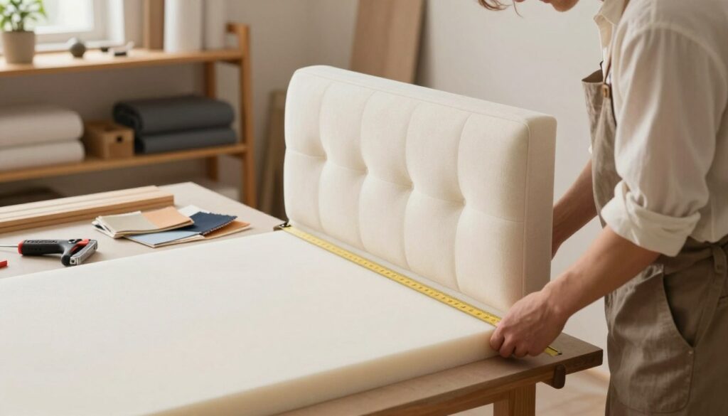 A step-by-step guide on creating an upholstered headboard, visually illustrated. In the foreground, a craftsperson, dressed in a simple, modest outfit, is measuring and cutting foam for the headboard. In the middle ground, tools like a staple gun, fabric samples, and a wooden frame are neatly arranged on a workbench. The background features a softly lit workshop with wooden shelves, highlighting various upholstery materials. Warm, natural lighting enhances the cozy atmosphere, creating a feeling of creativity and hands-on craftsmanship. The angle focuses on the craftsperson’s work, capturing the intricacies of the upholstery process while maintaining a professional and inviting aesthetic.
